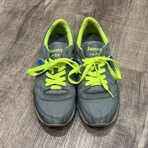 Grey with blue and neon yellow Saucony Jazz Running Shoes